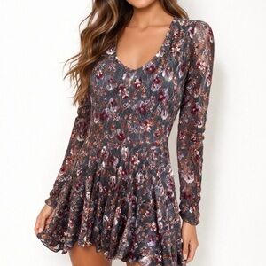 Rewind Juniors A-Line Lace Lined Dress Gray Floral Long Sleeves floral SZ SM